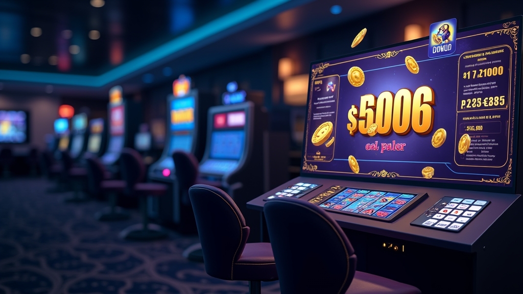 Casino-Lobby mit Bonuskarten, Freispin-Tokens und digitalem Aktionscode-Panel