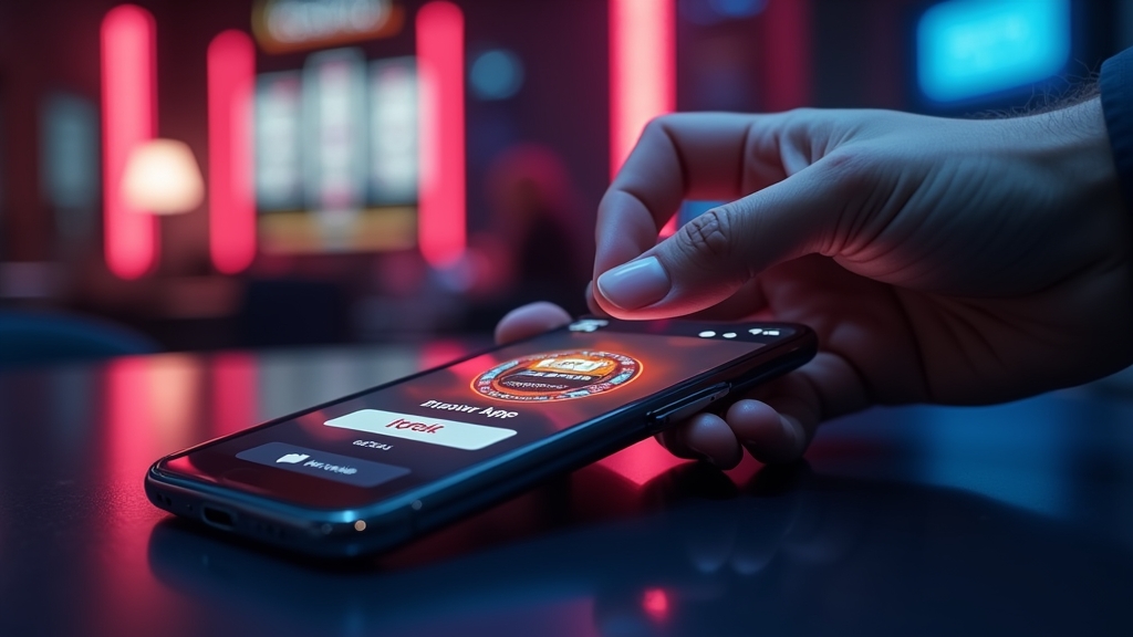 Smartphone mit Casino-App-Download auf dunklem Hintergrund