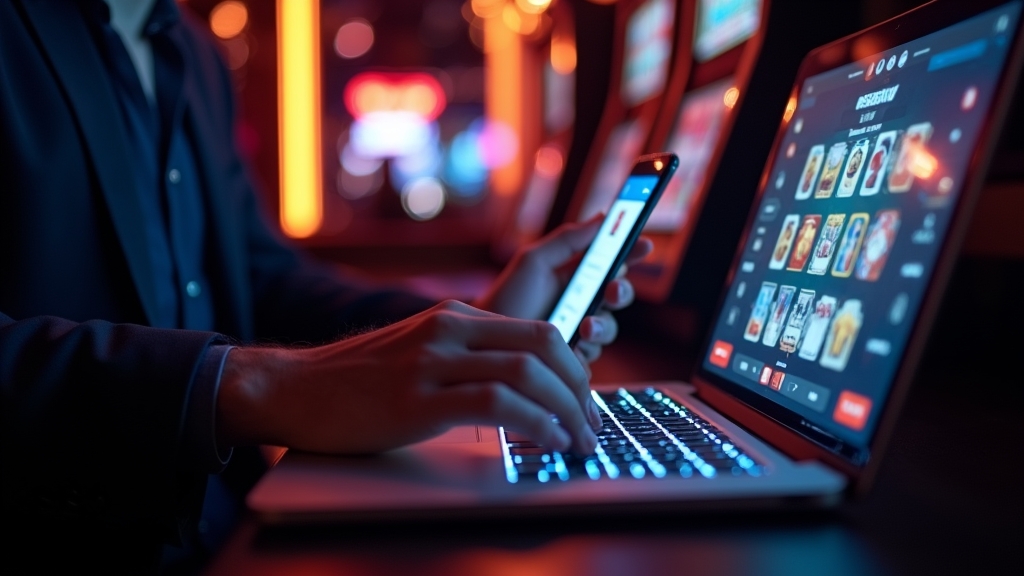 Login auf Laptop, Smartphone und Tablet in einer Casino-Atmosphäre
